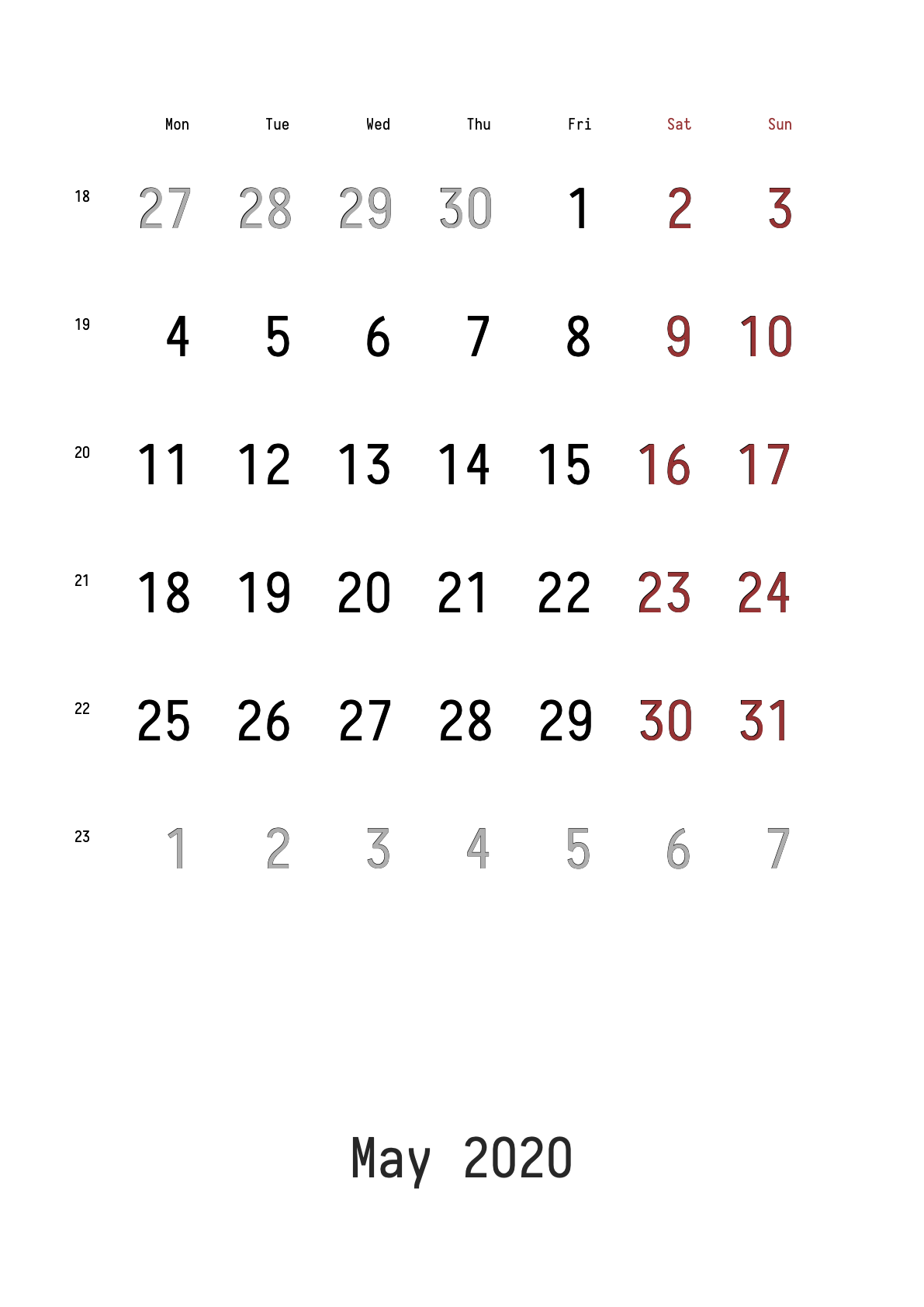 Календарь, май 2020 Кадендарь